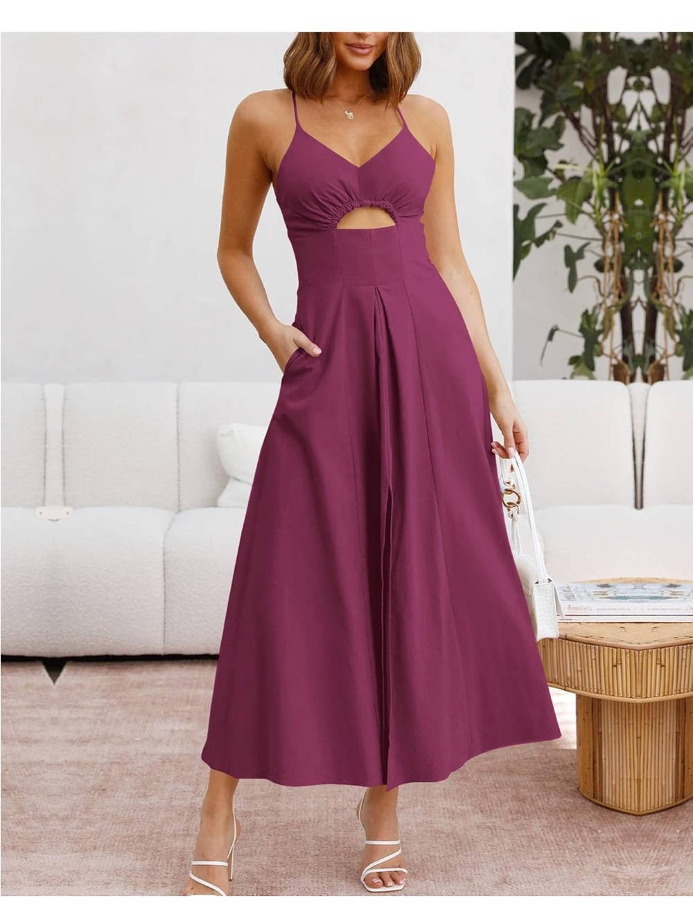 Spaghetti-Strap Plum Midi Dress with Front Cutout